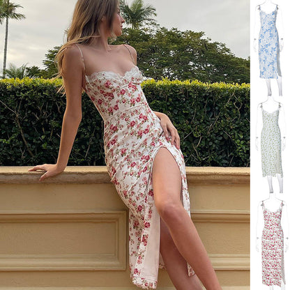 Lace Flowers Print Long Dress Sexy Fashion Slit Suspender Dress Summer Womens Clothing